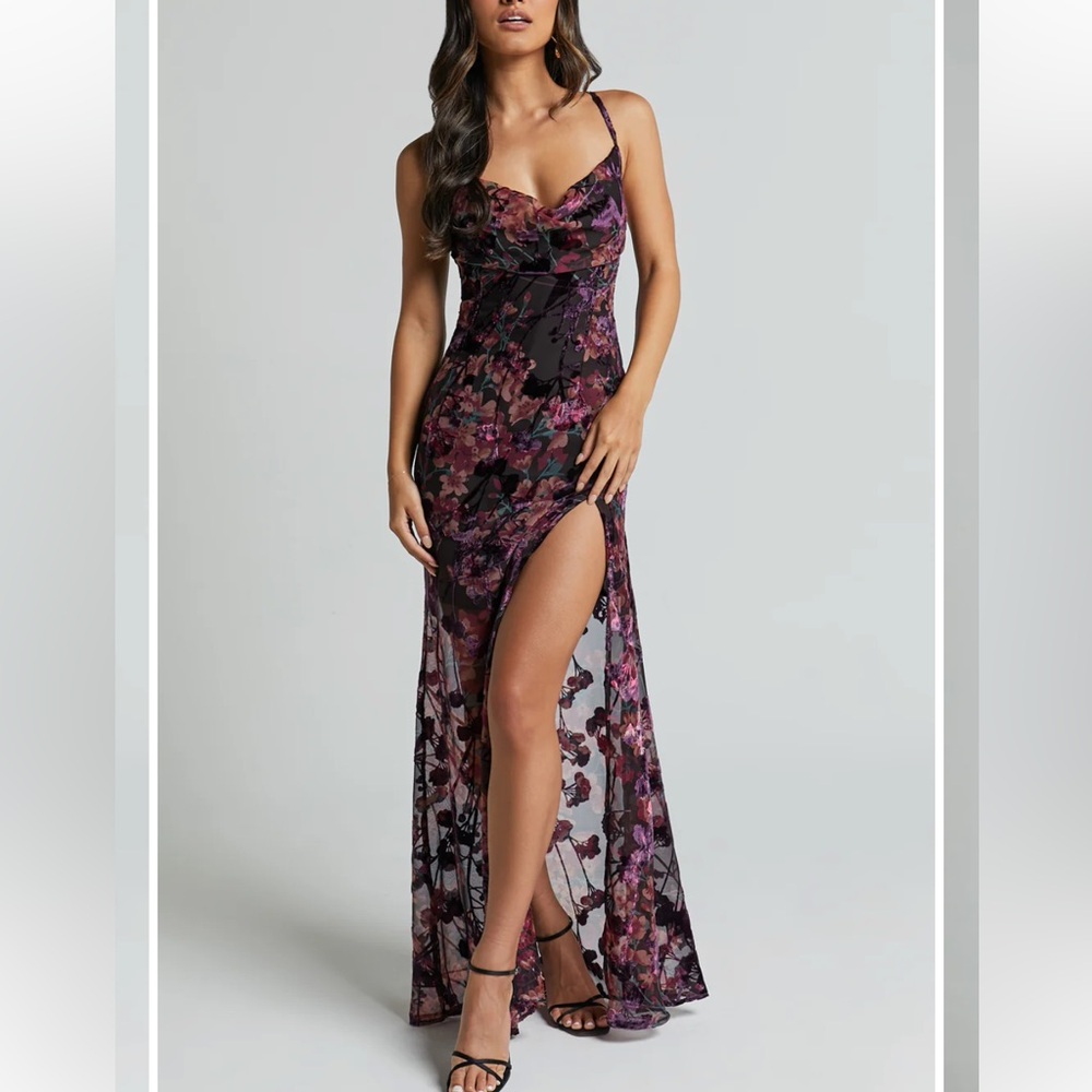SHOWPO ALETTA MAXI DRESS - COWL CROSS BACK DRESS IN ALETTA BURN OUT FLORAL